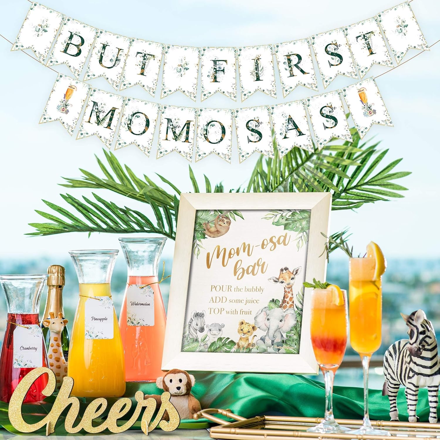 Momosa Bar Kit | Drinks Table Decor! Safari Baby Shower Decorations for Boy Girl or Gender Neutral with Wild African Jungle Theme Zoo Animals: Lion King Sloth Cheetah Hippo Zebra Party Banner (Safari)