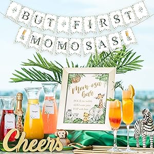 Momosa Bar Kit | Drinks Table Decor! Safari Baby Shower Decorations for Boy Girl or Gender Neutral with Wild African Jungle Theme Zoo Animals: Lion King Sloth Cheetah Hippo Zebra Party Banner (Safari)
