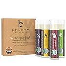 Beauty by Earth Organic Lip Balm Multi Pack; Fruit Flavored Moisturizing Natural Beeswax Chapstick; Long Lasting Therapy to Repair Dry Chapped Cracked Lips (4 Tubes in Pack)