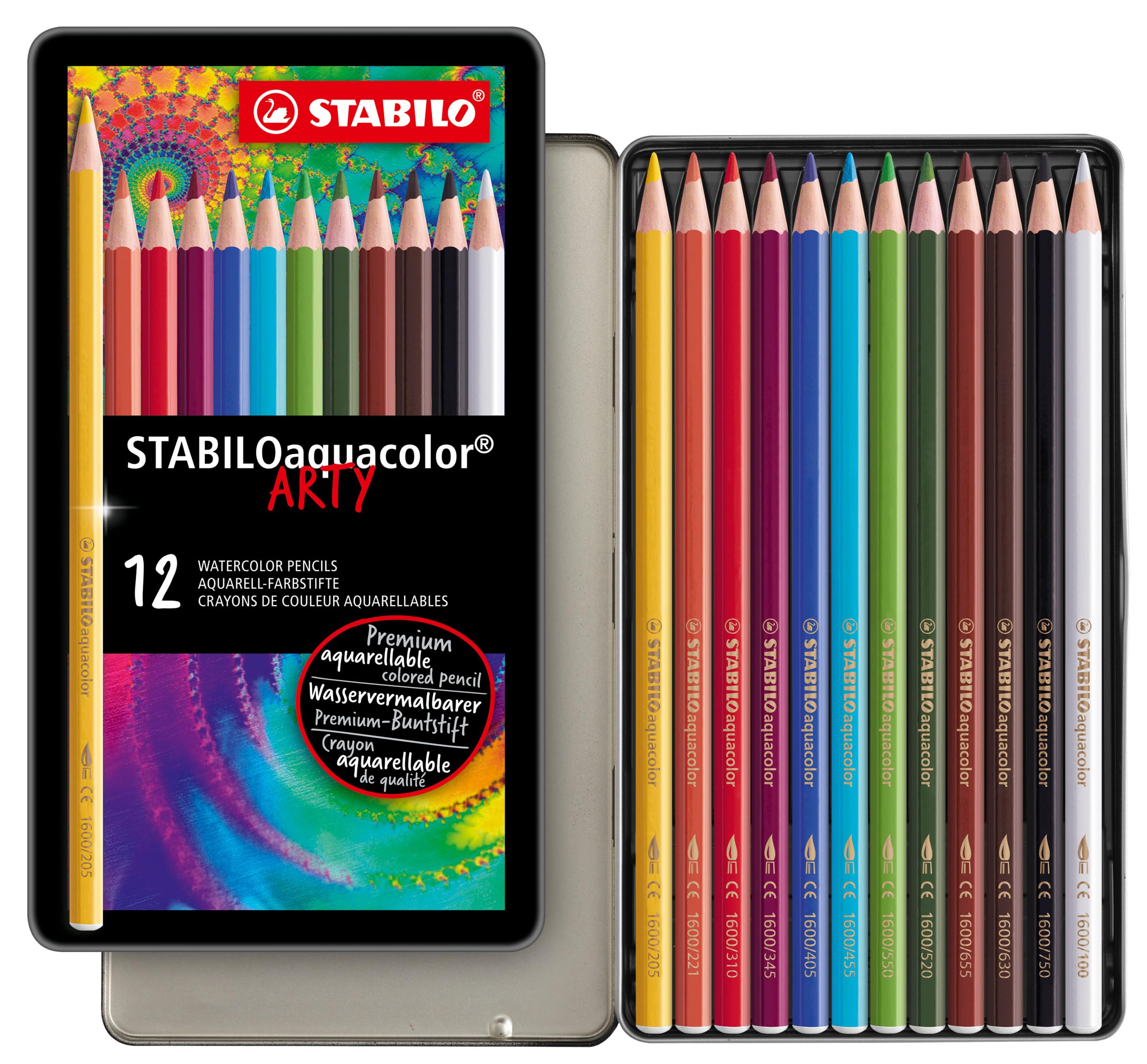 STABILO aquacolor - Aquarellable Colouring Pencil - ARTY - Tin of 12 - Assorted Colours