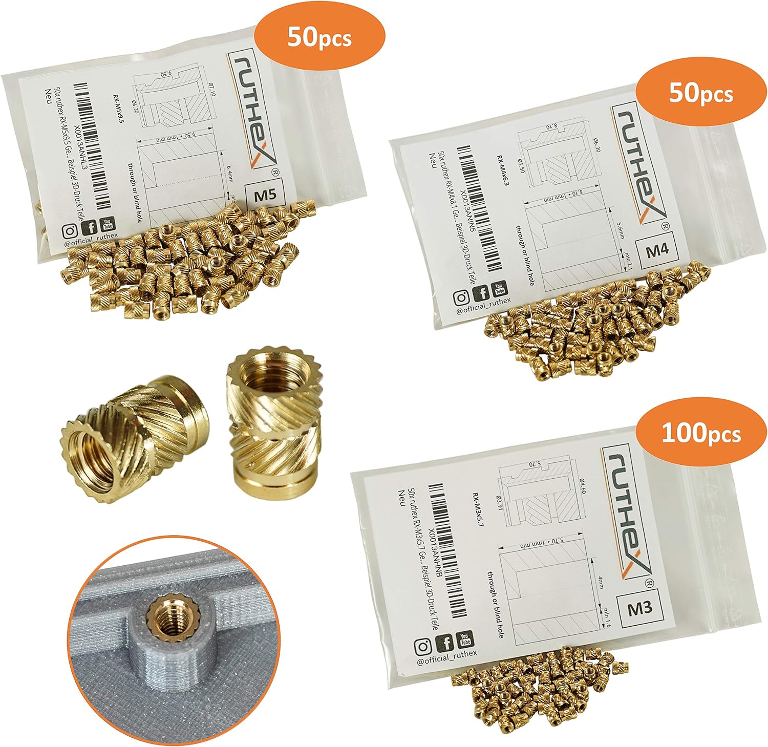 ruthex Thread Insert M3 / M4 / M5 Bundle (200 Pieces) Brass Threaded