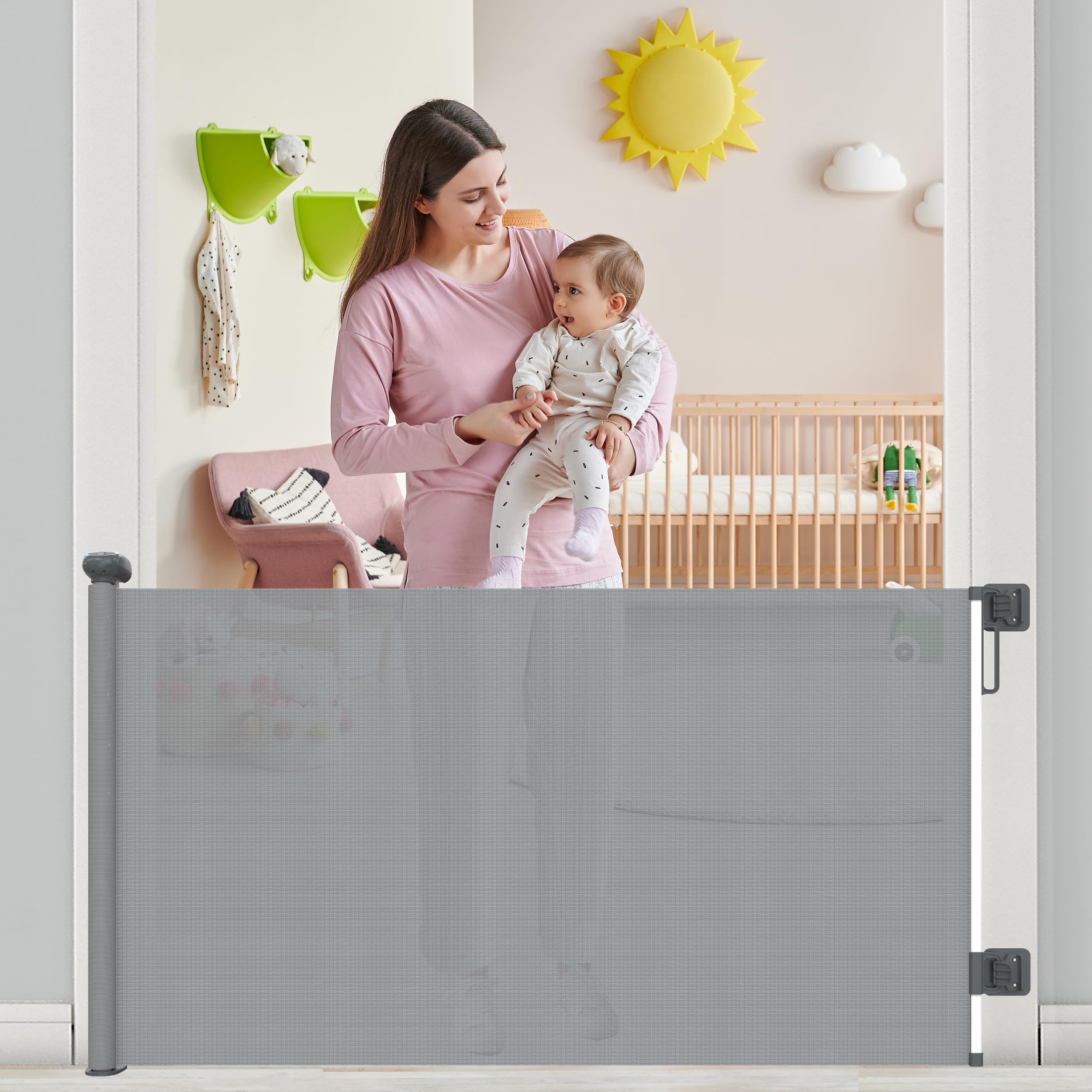 Retractable Stair Gate Extend up to 55” wide, 33.86” Tall with Drilling and Non-Drilling Accessories, Baby Gate One Handed Silent Operation Grey Dog Gate for Stairways/Indoor/Outdoor (Grey)