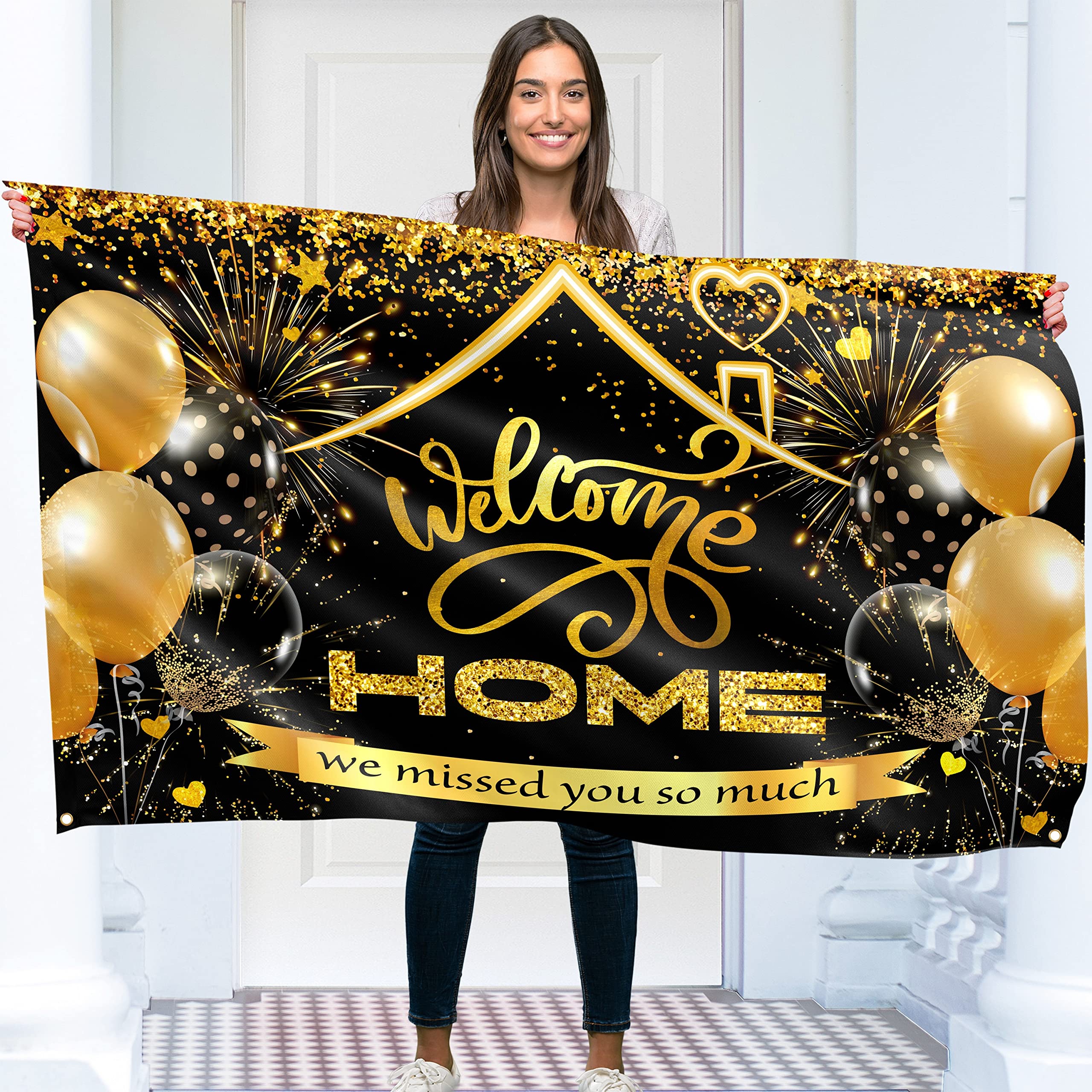 Welcome Home Banner - Black & Gold Welcome Home Decorations 5ft x 3ft - Welcome Back Banner - We Missed You So Much