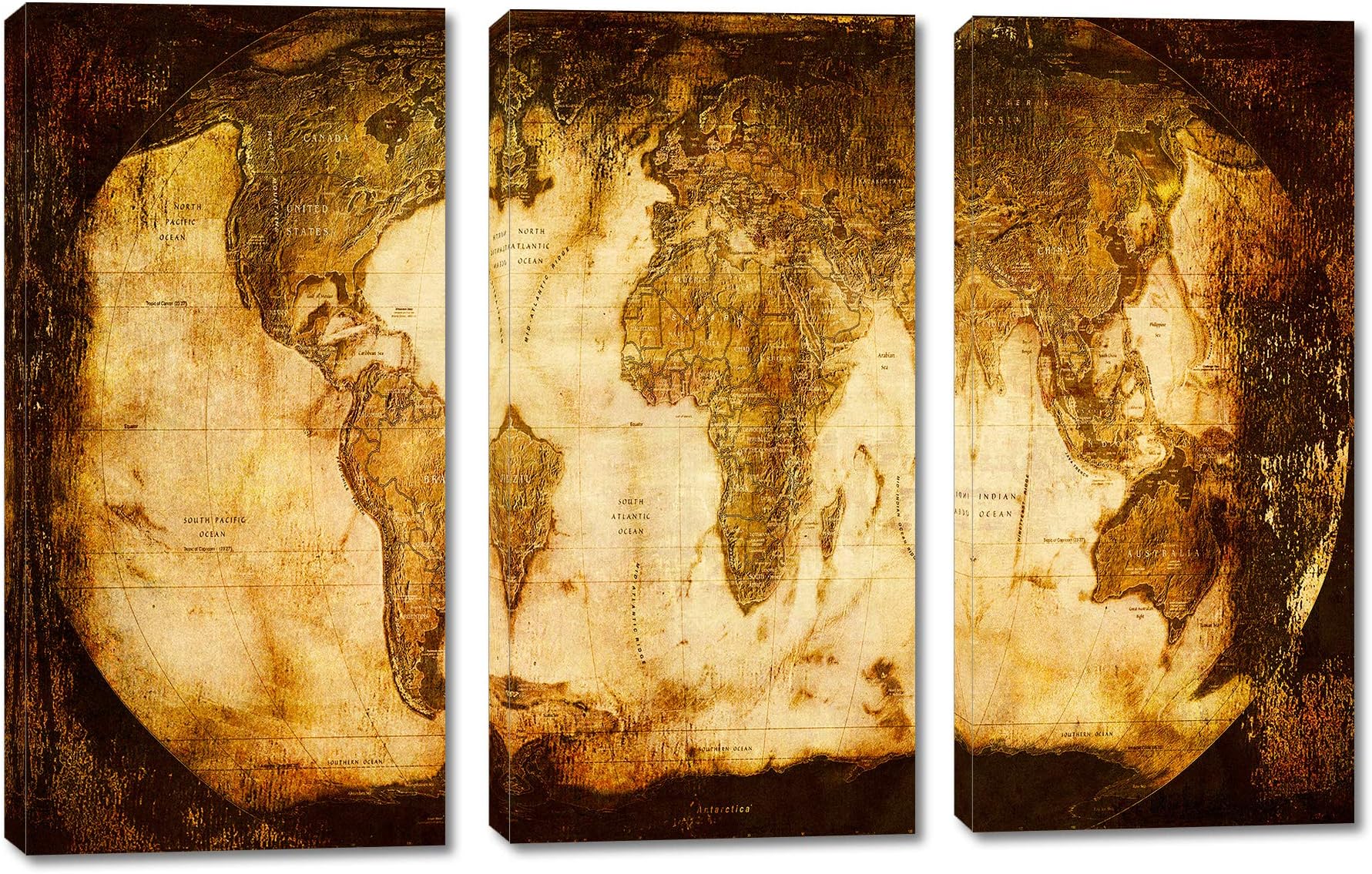 HUGE – 90x60 – Rustic World Map - 3 Panel Split (Triptych) Canvas Print. (30x60 each panel). Gallery Wrap Stretched on 1.5” setretcher bars.