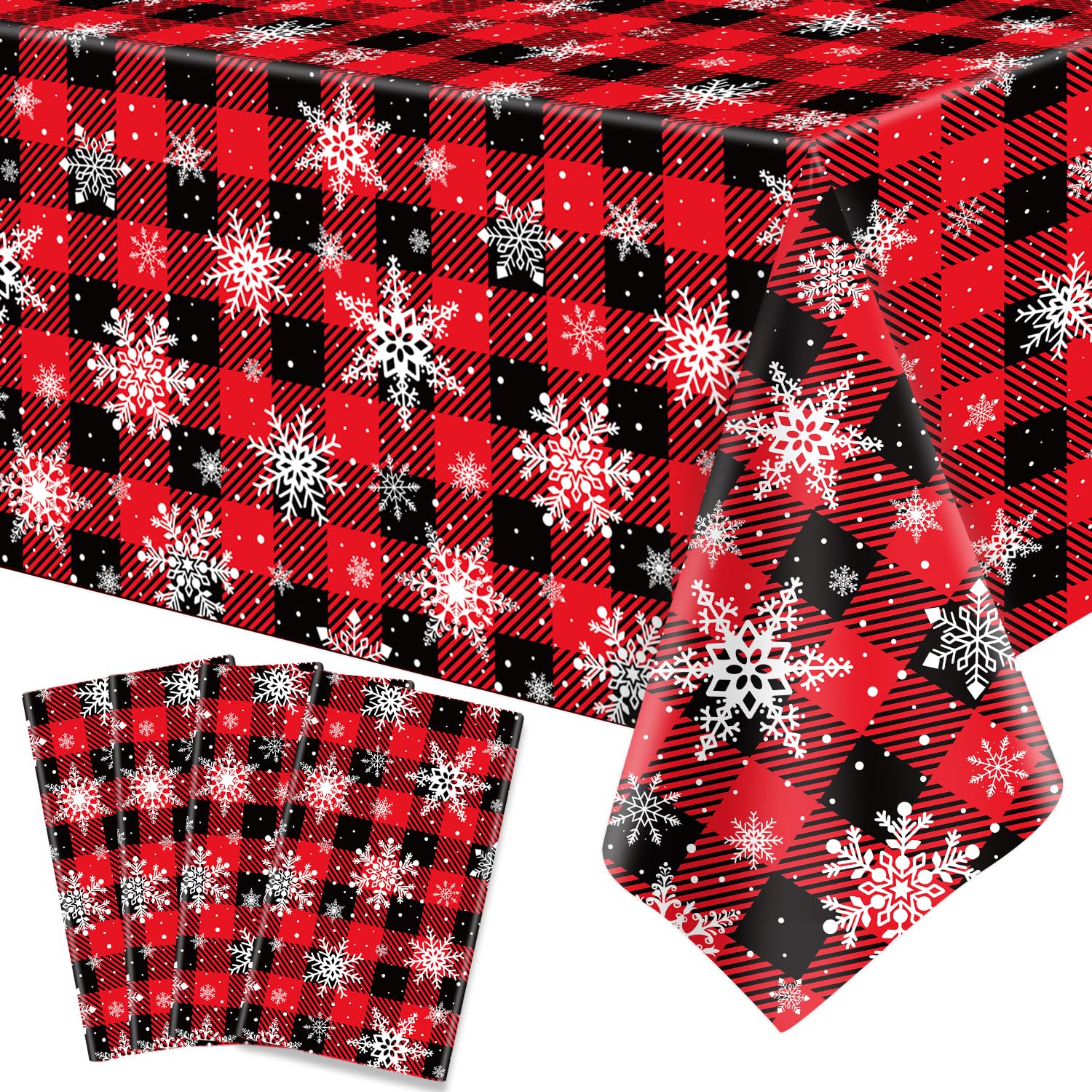 4 Pack Christmas Checkered Tablecloth Snowflake Tablecover Buffalo Plaid Table Cover 51 X 86'' Disposable Rectangle Red and Black Buffalo Plaid Tablecloth for Xmas Party Decor Winter Holiday