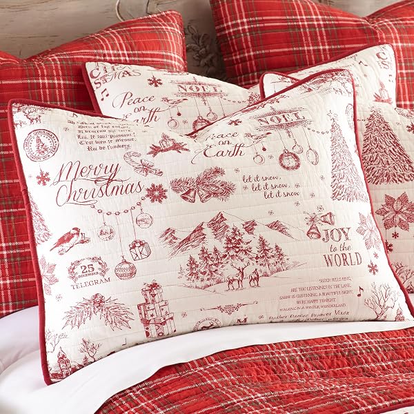 LEVTEX HOME – YULETIDE QUILT SET – KING/CAL KING QUILT (106X92IN.) + TWO KING PILLOW SHAMS (36X20IN.) – CHRISTMAS HOLIDAY SCRIPT – RED AND CREAM – REVERSIBLE – COTTON