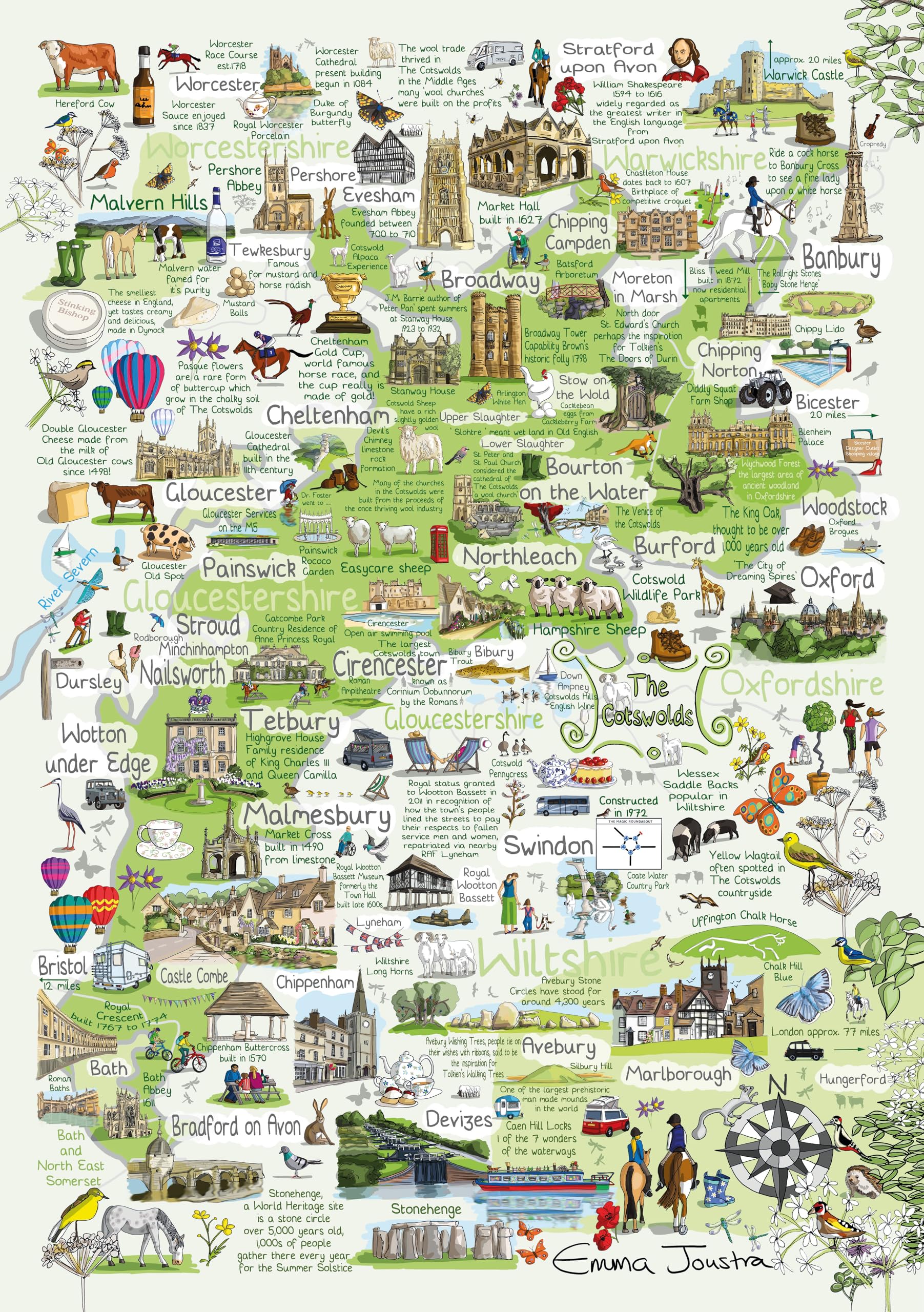 The Cotswolds & Surrounds 1000 Piece Jigsaw Puzzle; Emma Joustra art Collection; Eco-Friendly, Gift for Adults & Families