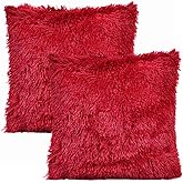YOUR SMILE Pack of 2, Christmas Decorative New Luxury Series Merino Style Faux Fur Throw Pillow Case Cushion Cover 18" x 18"(Burgundy Red)