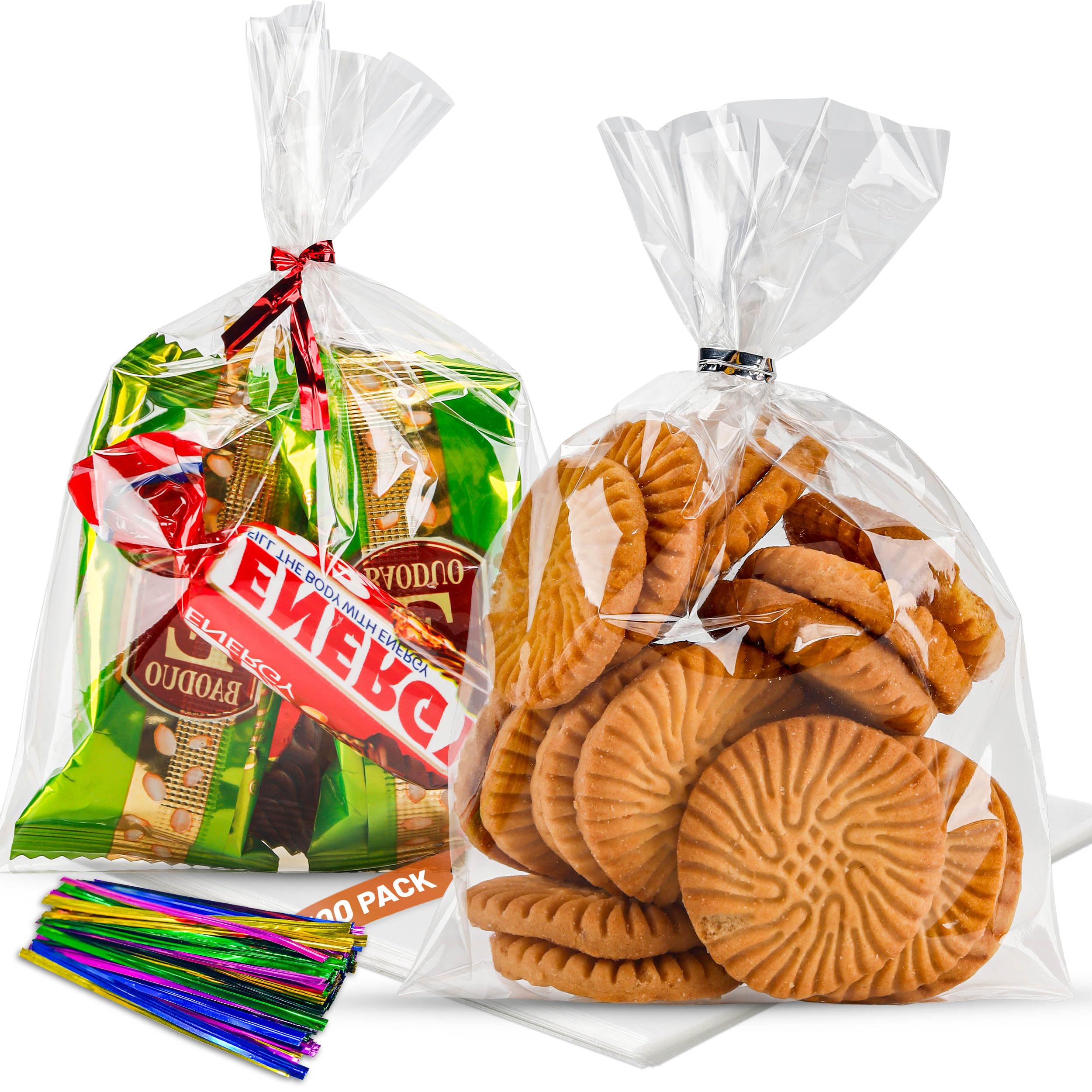 Photo 1 of NPLUX 100 Pack Cellophane Bags Small Plastic Cookie Bag Clear Treat Bags with Twist Ties for Small Gift Party Favors, Bakery, Candy, Popcorn(4×6In)
