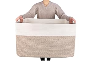 MINTWOOD Design 22in Extra Large Blanket Basket Holder Living Room, Rectangle Rope Woven Storage Basket with Handles for Laundry, Pool Towels, and Shoes, Dog Toy Organizer Bin Box, Light Brown