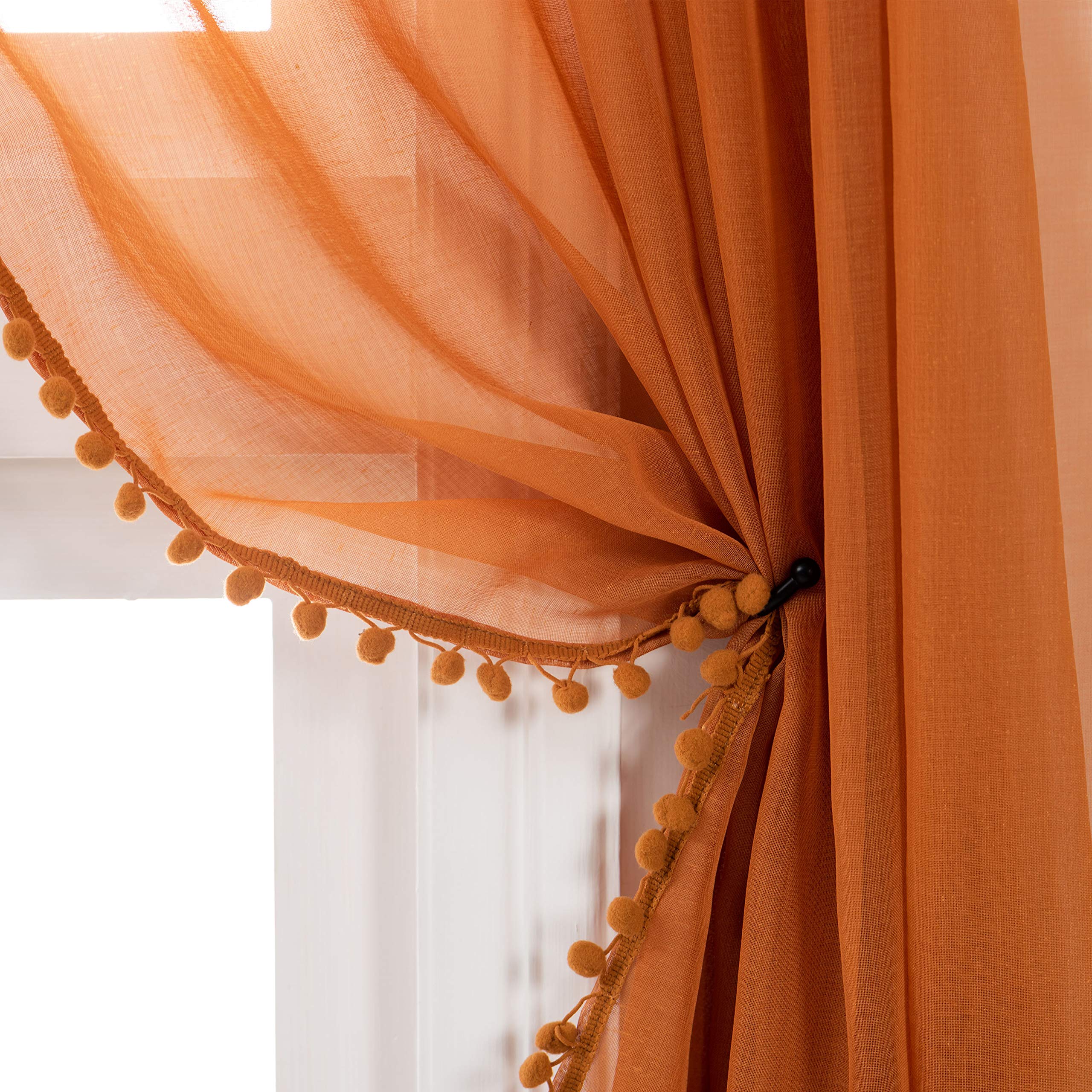 Selectex Linen Look Pom Pom Tasseled Sheer Curtains - Rod Pocket Voile Semi-Sheer Curtains for Living and Bedroom, Set of 2 Curtain Panels (52 x 108 inch, Pumpkin Yellow)