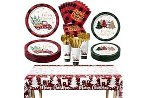 QINLINE 247 PCS Christmas Party Decorations & Disposable Dinnerware Set(25 Guest) - Xmas Birthday Party Supplies with Buffalo Plaid Paper Plate Napkin Cup Tablecloth Backdrop Balloon Garland Kit for Holiday