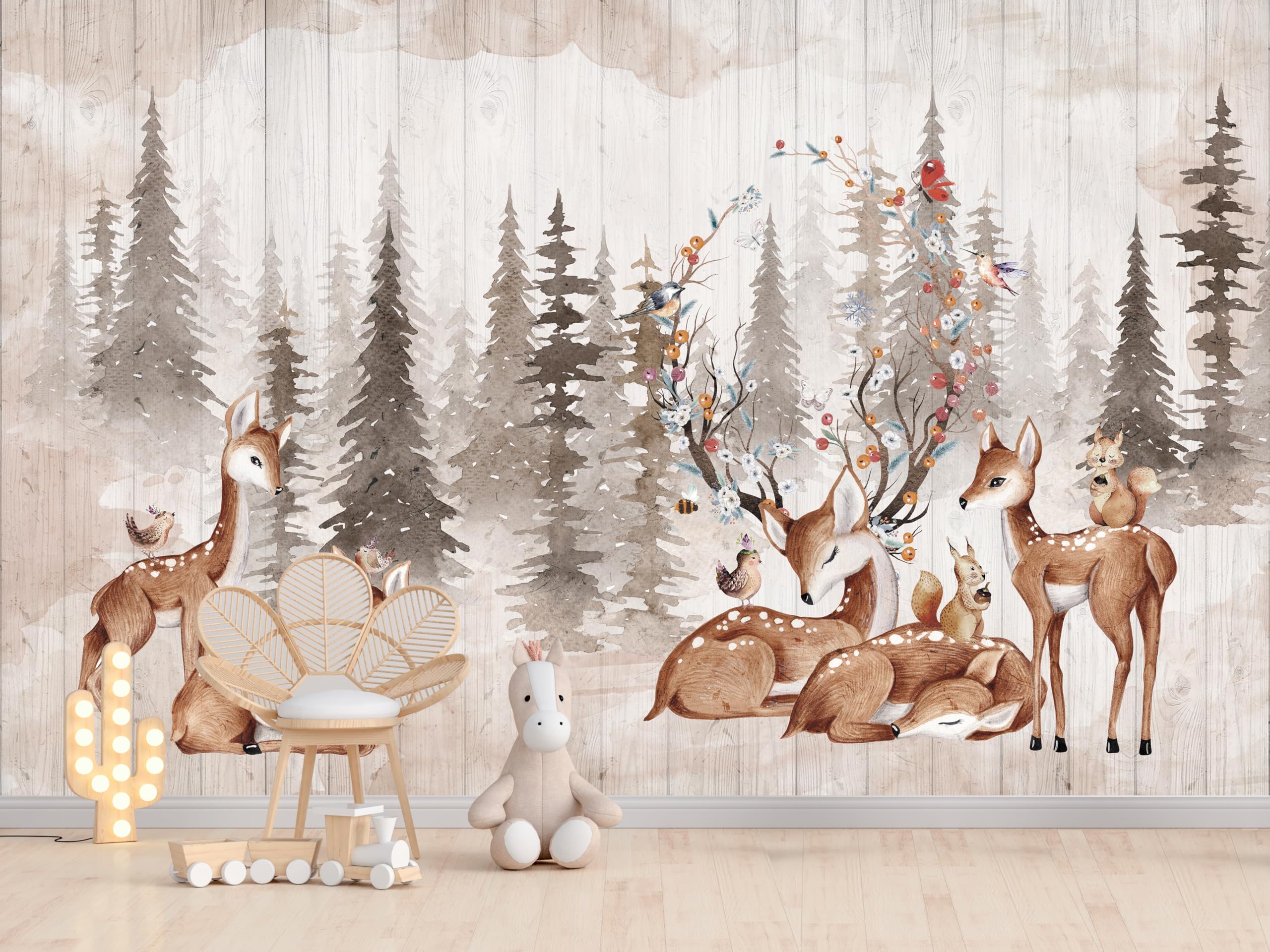 Sika Deer Jungle Panoramic Wallpaper, Personalized Giant Wall Poster, 3D Forest and Animals Theme for Living Room Children's Bedroom Wall Decoration, Modern Natural Landscape Walls (300 x 210 cm)