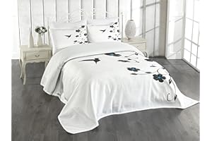 Lunarable Hummingbirds Bedspread, Floral Art with Hummingbird Minimalistic Design Nature Life Springtime, Decorative Quilted 3 Piece Coverlet Set with 2 Pillow Shams, King Size, Black and White