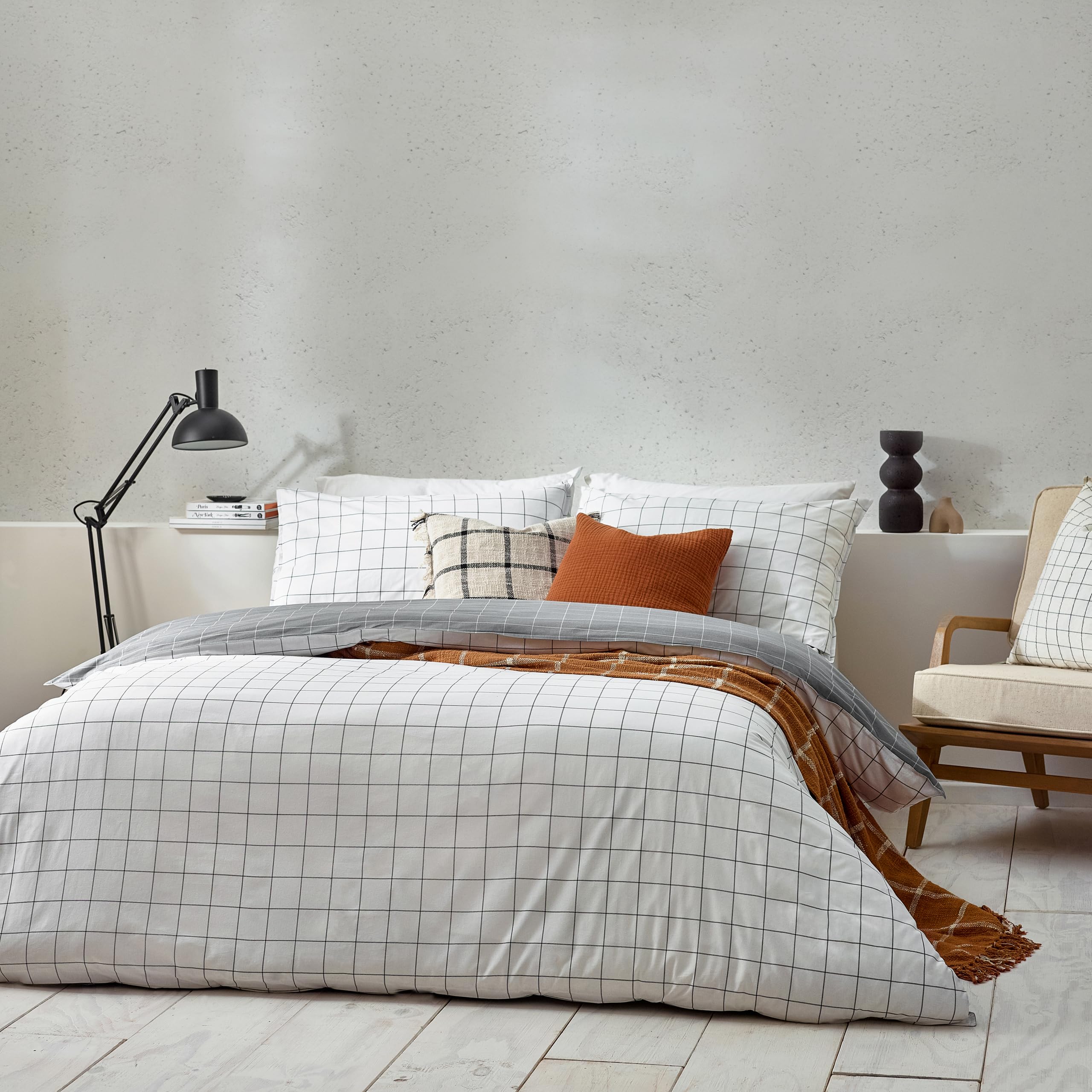 furn. Yard Howarth Check Duvet Cover Set - Reversible Cotton Bedding (White/Black - King)