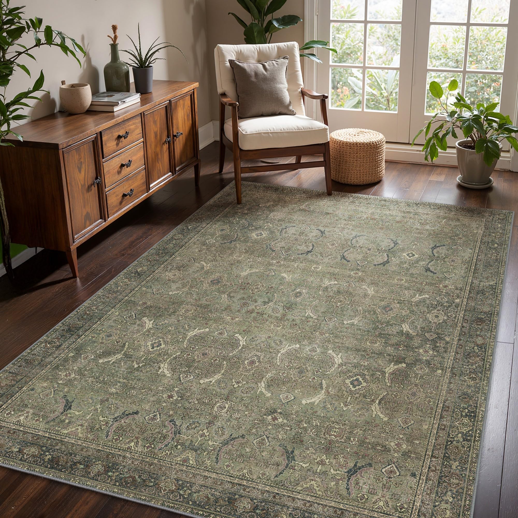Photo 1 of 9x12 Area Rug Machine Washable Boho Rug for Living Room,Ultra-Thin Low Pile Carpet,Lightweight Indoor Printed Rug,Non Slip Floral Area Rug for Bedroom, Dining Room, Home Office,Brownish Green