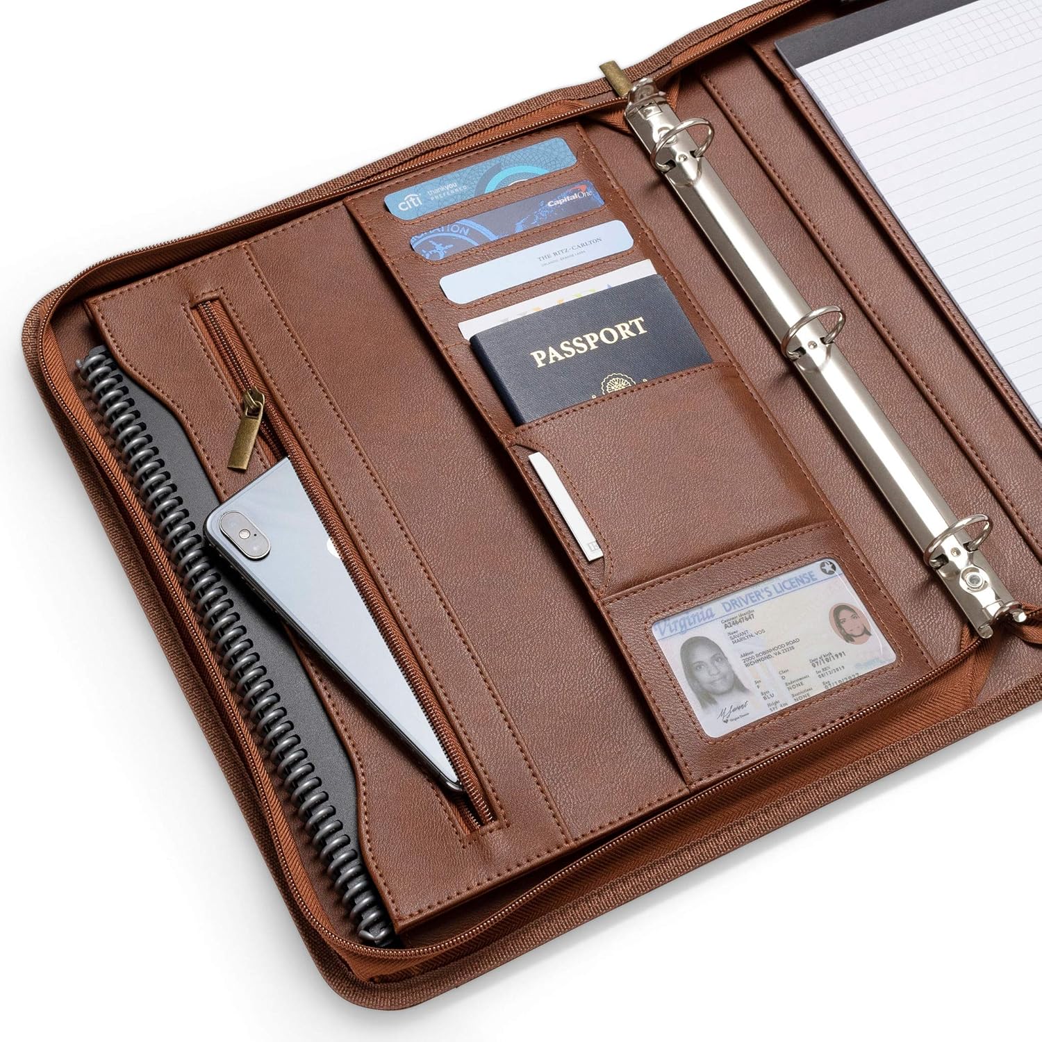 Forevermore 1.5 Inch 3 Ring Binder Portfolio with Zippered Closure and Holds 8.5" x 11" Notepad and Paper/Interview and Resume Document Organizer/Notebook (Brown) : Office Products