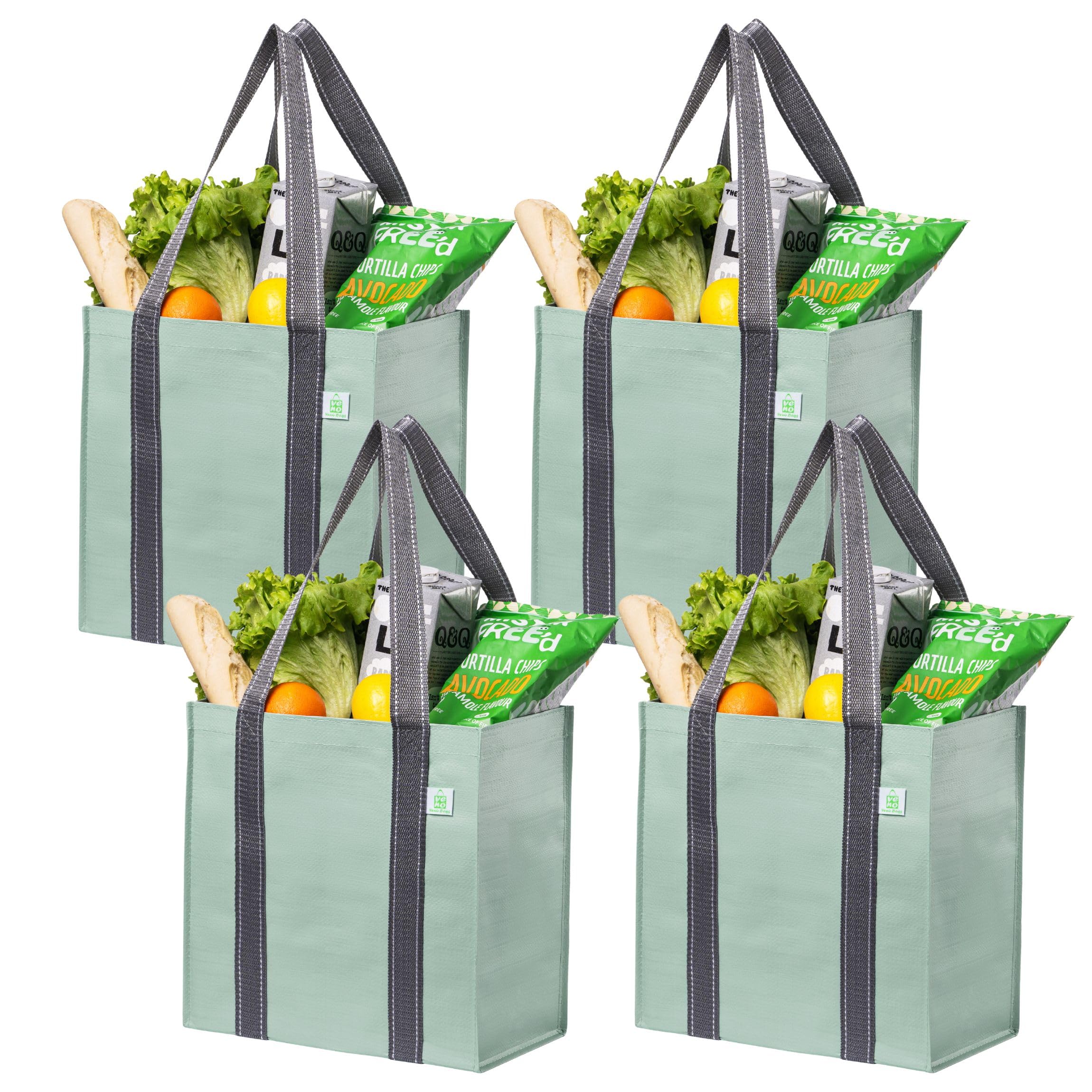 VENO Set of 4 Compact and Practical Reusable Grocery and Shopping Bags with Handles and Rigid Bottom. Foldable, Durable and Robust Utility Tote Bag (Light Green, Set of 4)