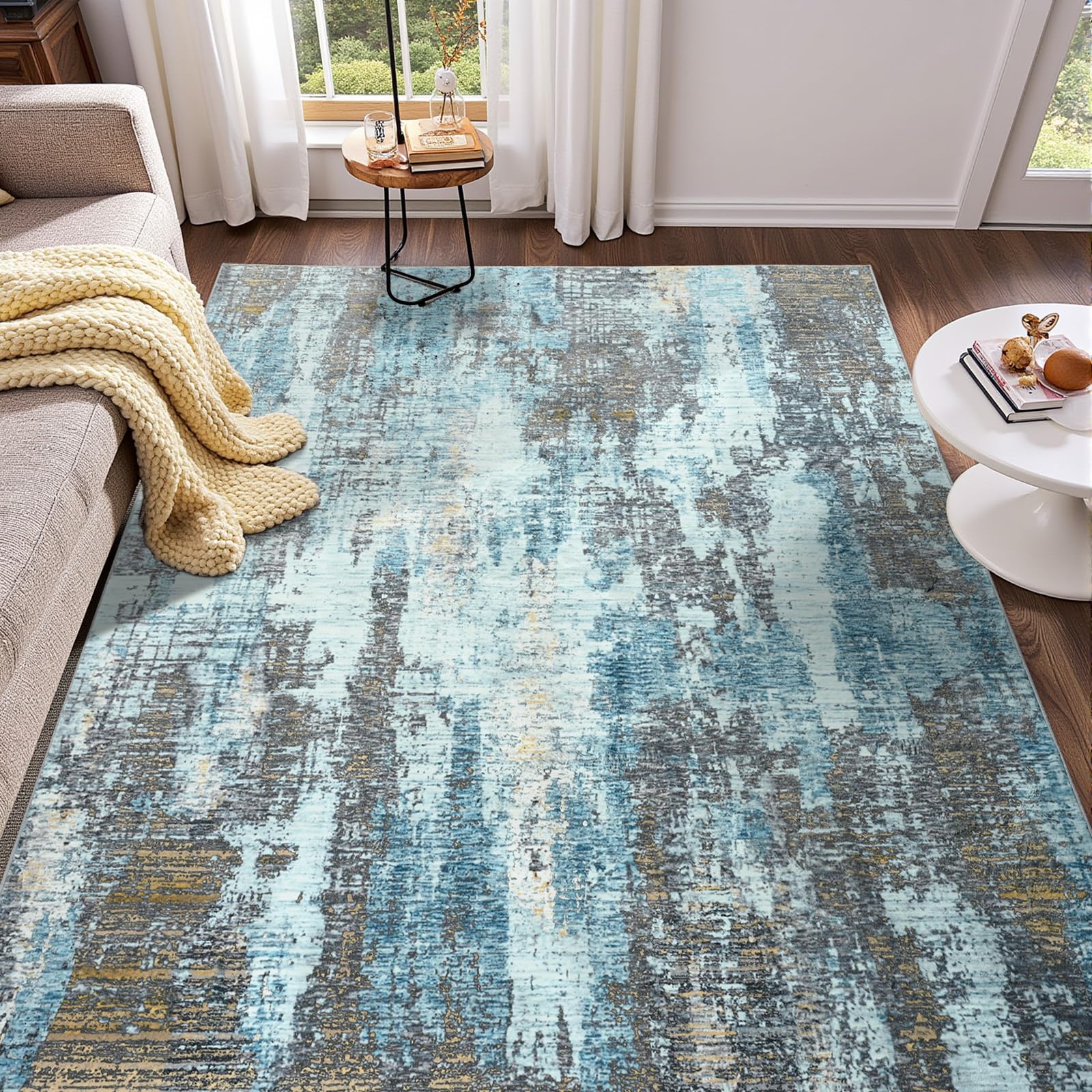 Photo 1 of Modern Abstract 3x5 Rug, Soft Grey Area Entryway Rug, Machine Washable Non Slip Area Rugs for Bedroom, Low Pile Stain Resistant Distressed Rugs for Living Room, Dining Room, Dorm, Blue Grey Gold