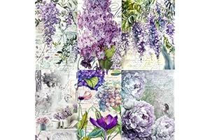 USNYABNI Lilac Theme Mulberry Rice Paper, 8 x 10.5 inch - 6 x Different Printed Mulberry Paper Images 30gsm Visible Fibres for Decoupage Crafts Mixed Media Collage Art