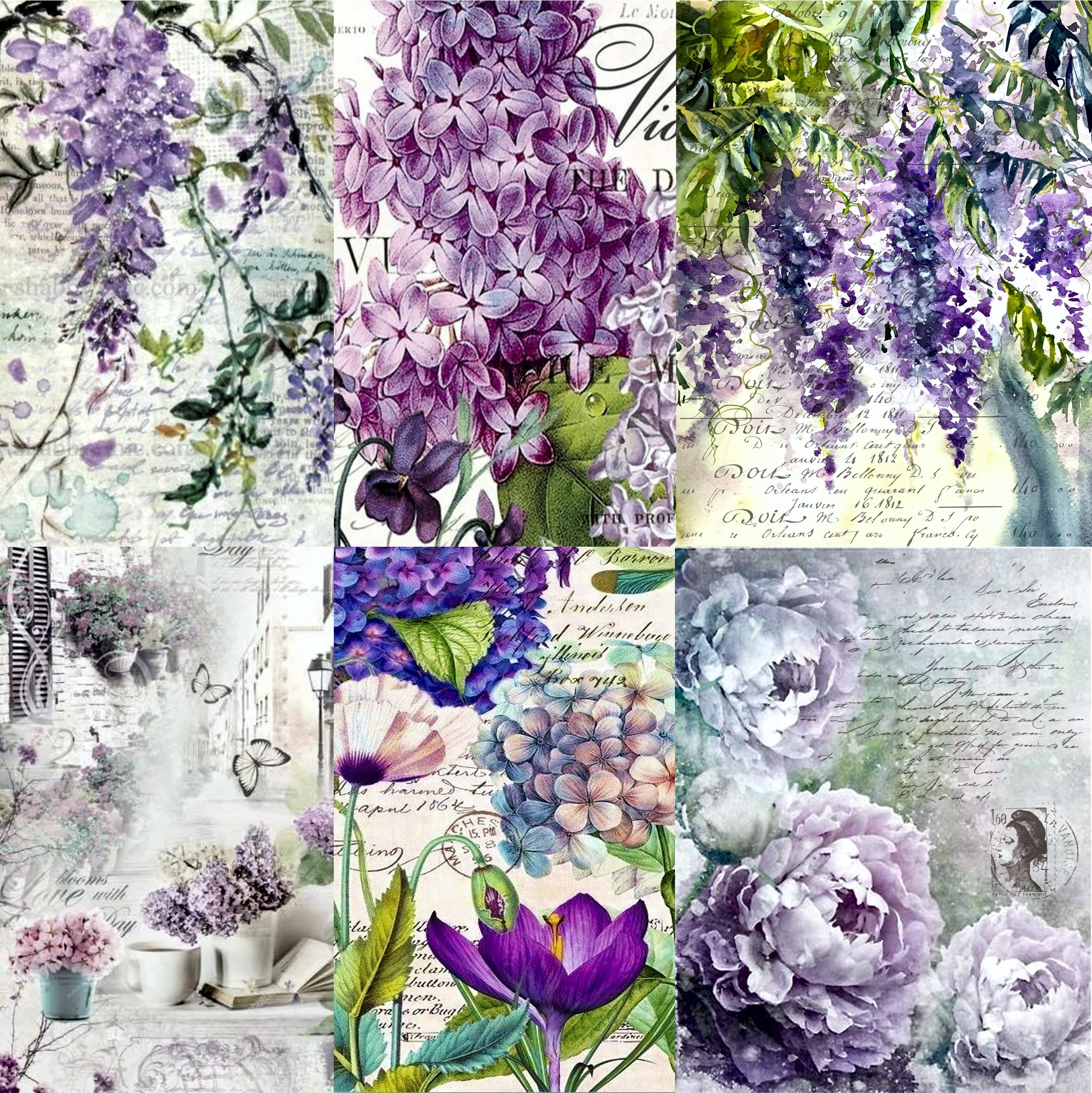 Lilac Theme Rice Paper, 20 x 26,6cm (6pc) - 6 Designs for Scrapbooking Cards Crafts, Decoupage by CRAFT KREATIVELY