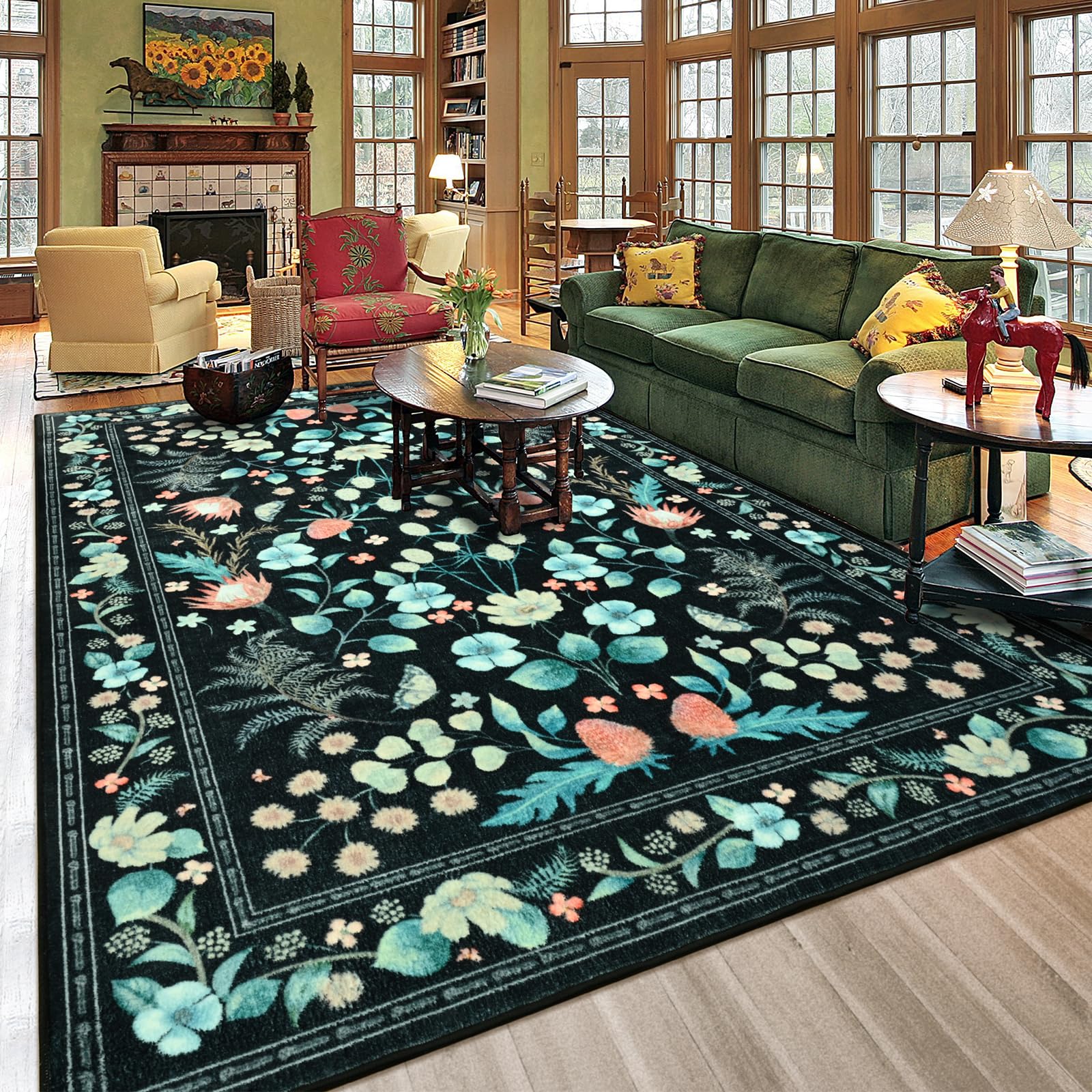 Photo 1 of Rtizon Area Rugs for Living Room, Washable 5x7 Vintage Rug for Bedroom, Non-Slip Floral Carpet for Home Office Nursery Dining Room Kitchen, Black