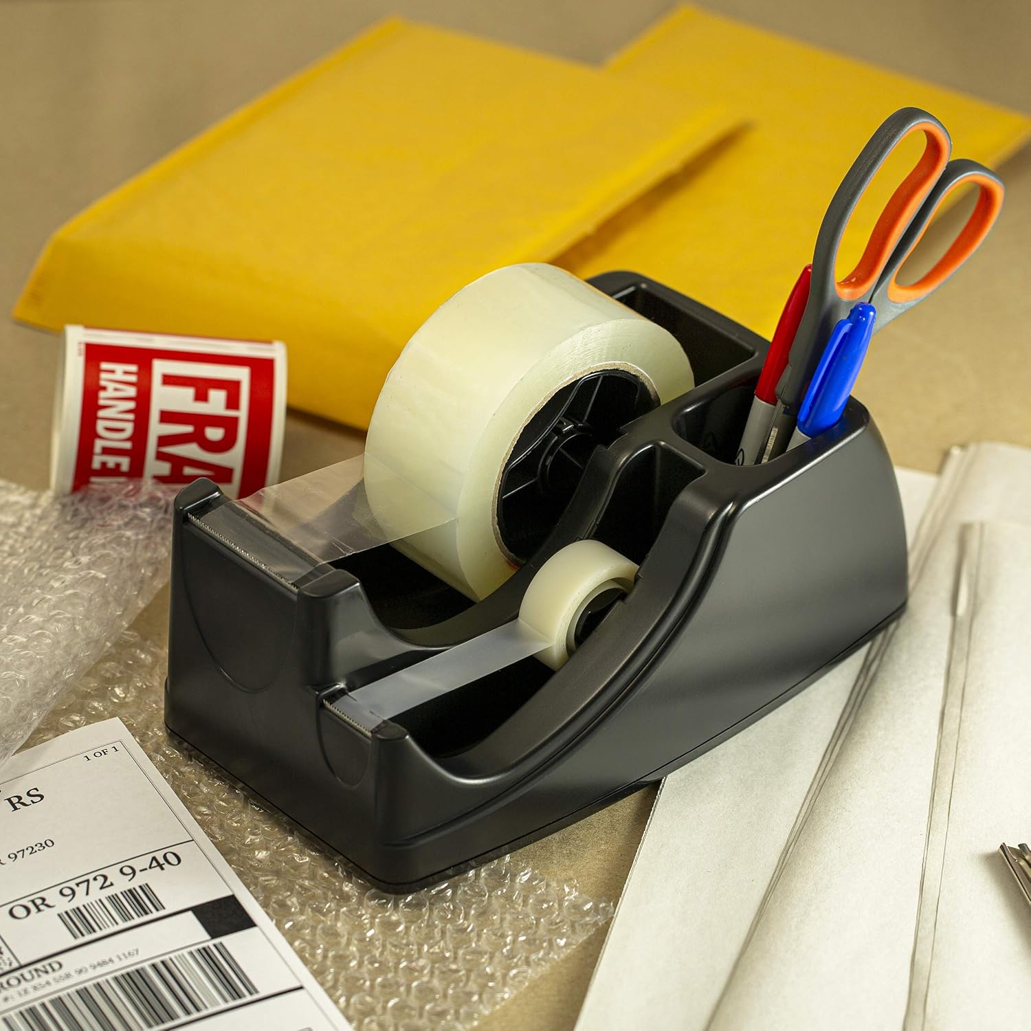 Officemate Recycled 2-in-1 Heavy Duty Tape Dispenser, 1" and 3" Cores, Black (96690) : Packing Tape Dispensers : Office Products