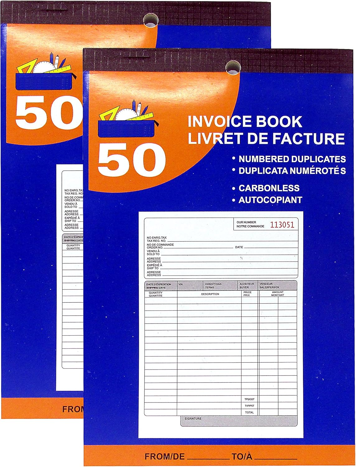 50 Sheet Invoice Books, 2-Part, Carbonless, White/Canary, 5.25" x 7.25" - (2 Books)