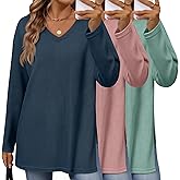 Velvelhall 3 Pack Women’s Long Sleeve Waffle Knit Shirts Oversized V Neck Tops Loose Casual Sweatshirt Basic Side Split Tee