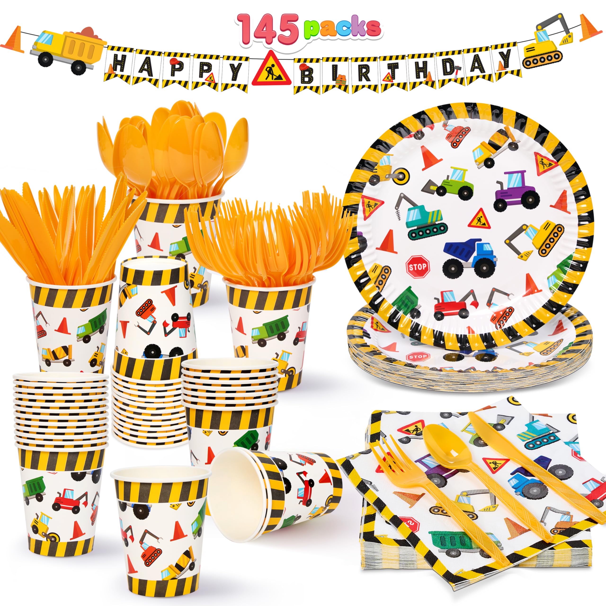 JOYIN 145 Pcs Construction Birthday Party Supplies with Banner, 24 Serves Tractor Truck Tableware Set with Plates, Cups, Napkins, and Cutlery Sets for Construction Themes Party Kids 6 7 8 Years