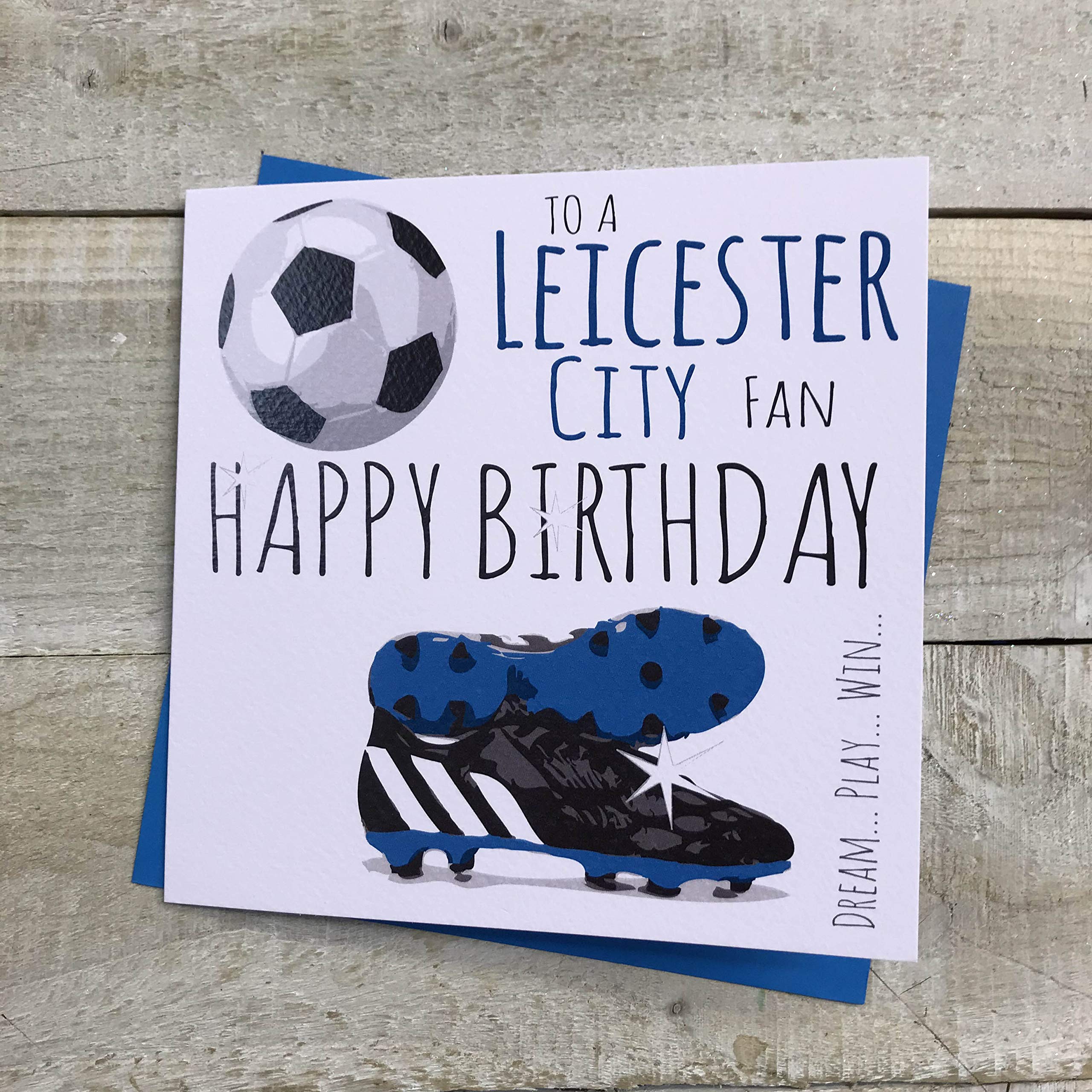 Leicester City Foxes FC Football Club Birthday Card - by WHITE COTTON CARDS - 49,green|white|grey|blue,16cm X 16cm
