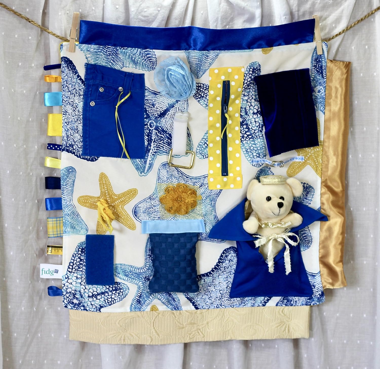 Fidgit Activity Blanket Cobalt & Yellow w/ Bear Comfort