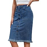 luvamia Women's Casual Mid Rise Button Down Frayed Raw Hem Denim Jean Midi Skirt