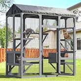 TIMHAKA 72" Catio Outdoor Cat Enclosure with Waterproof PVC Cover, Grey | Walk-in Large Cat Enclosure for Multiple Indoor Outdoor Cats, Cat Cage for Feral, Cats House with 7 Platform &amp; 2 Resting Box