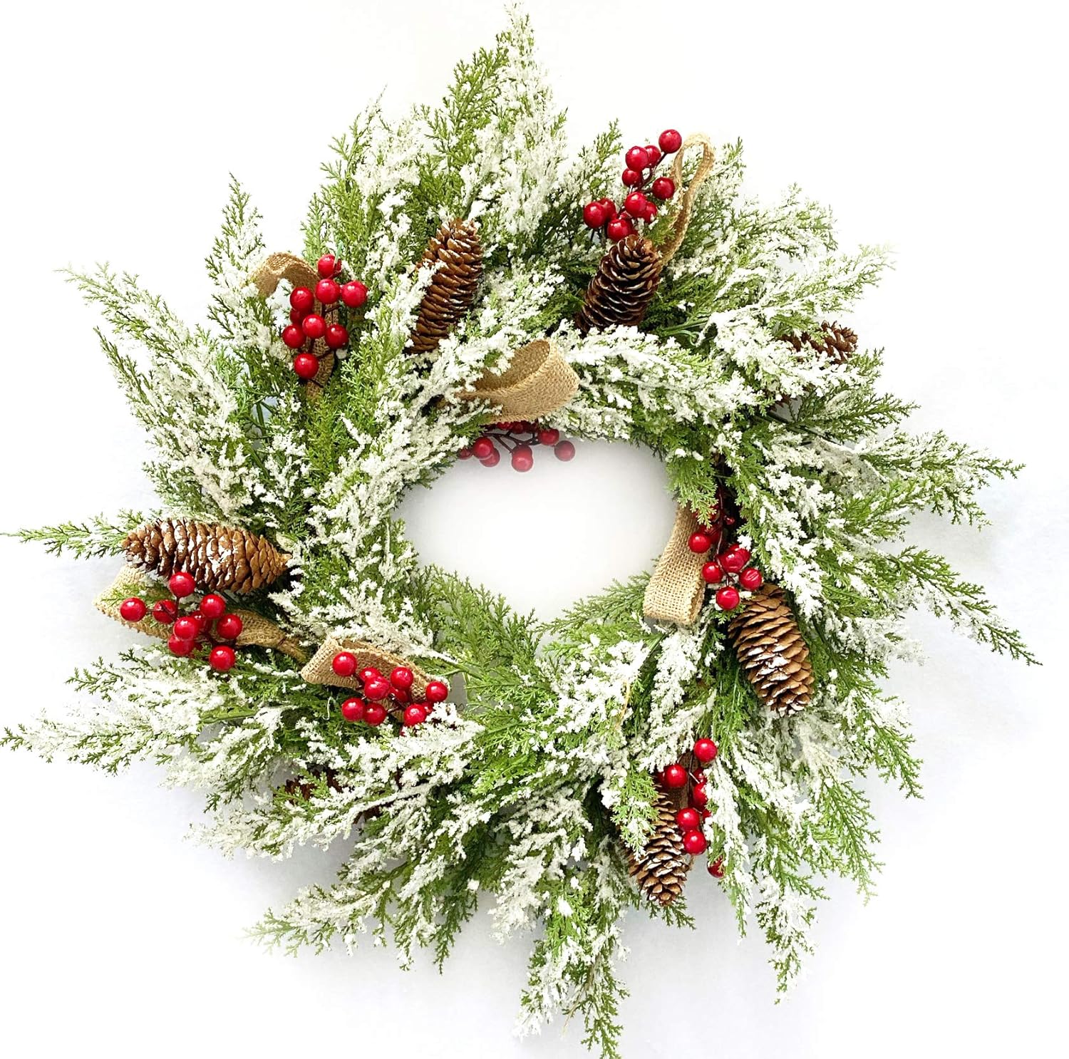 10Leccion 23” Artificial Christmas Wreath for Front Door with Pine Cone, Red Berries, Burlap Ribbon & Snowflake, Indoor Outdoor Holiday Wall Wreath Flocked with Mixed Decorations.