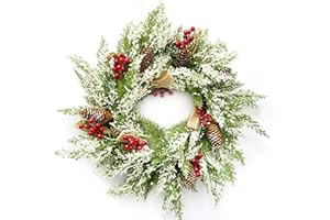 10LECCION 23” Artificial Christmas Wreath for Front Door with Pine Cone, Red Berries, Burlap Ribbon & Snowflake, Indoor Outdoor Holiday Wall Wreath Flocked with Mixed Decorations.