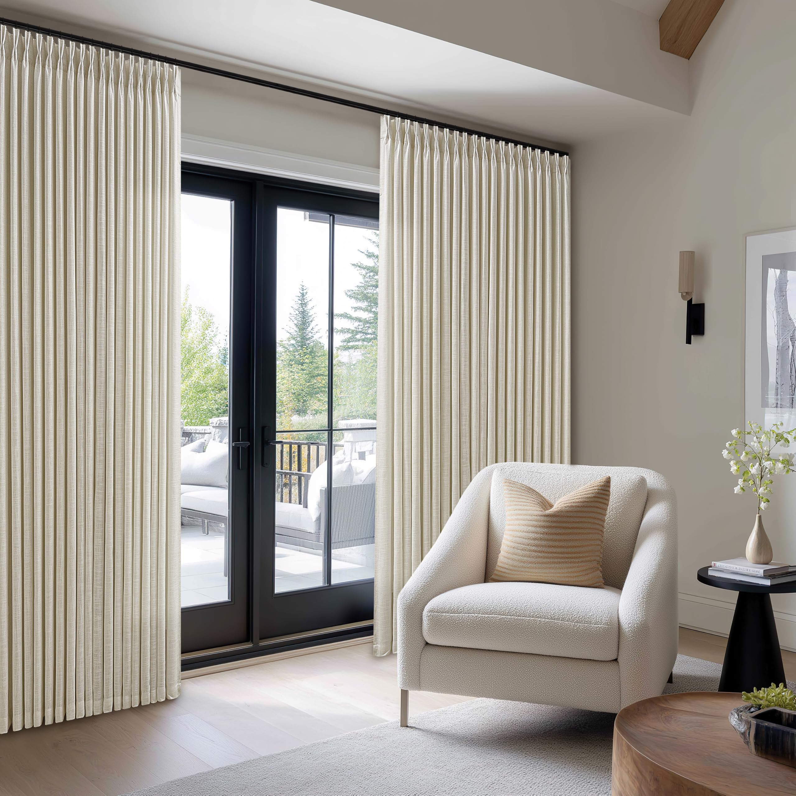 Photo 1 of Pinch Pleated Linen 108 Inch Curtains 100 Inch Width for Living Room Light Filtering Beige Tan Flax Linen Memory Trained Extra Wide Patio Curtains for Sliding Glass Door Balcony Large Window 100x108