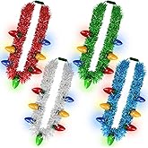 Light up Christmas Necklace, 4PCS Tinsel Christmas Necklaces Accessories, 7 Bulb Xmas Red Yellow Blue Green Silver Necklaces Party Supplies, 3 Modes Necklace Accessories for Xmas Ugly Sweater New Year