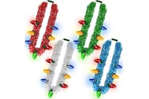 EOBOH Light up Christmas Necklace, 4PCS Tinsel Christmas Necklaces Accessories, 7 Bulb Xmas Red Yellow Blue Green Silver Necklaces Party Supplies, 3 Modes Necklace Accessories for Xmas Ugly Sweater New Year