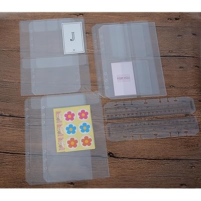 Funcoo 6-Ring Plastic Binder Pockets/Bill Pouch/Name Card Credit Card Holder Bag, Set of 6 Binder Planner Notebook Refills Pockets+ 2 Plastic Page Marker Measuring Ruler (A5)