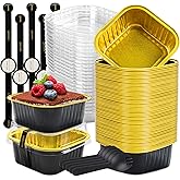 LOKQING 50 Pack Mini Cake Pans with Lids and Spoons Small Aluminum Foil Pans Square Baking Cups Disposable Ramekins Cupcake Liners for Brownie Pie (Black Gold, 5 oz)