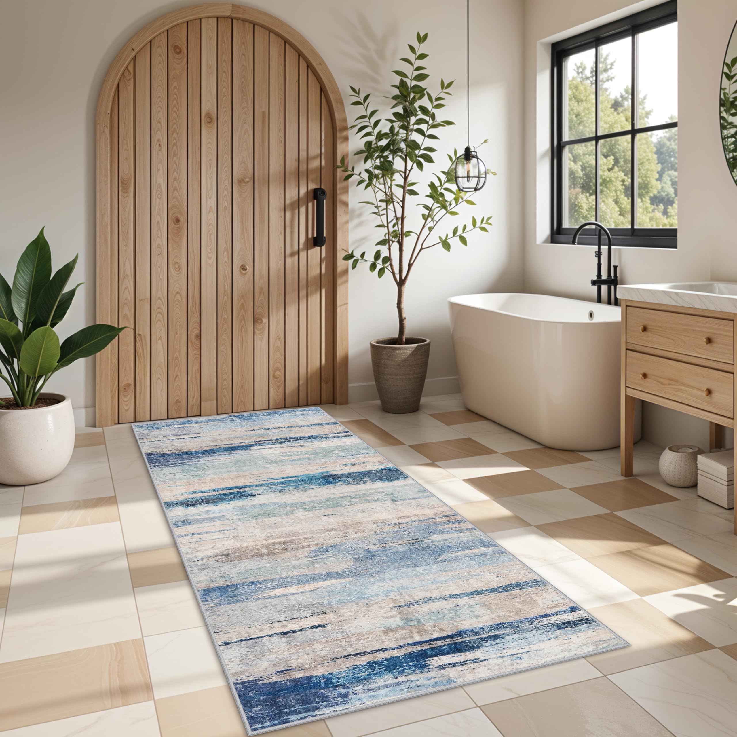 Photo 1 of Kitchen Washable 3x6 Runner Rug - Modern Abstract Non Slip Light Weight Runner Rugs for Small Homes Stain Resistant Hallway Bedroom Carpet Indoor Home Decor Floor Mat for Laundry Bathroom 3x6 Blue