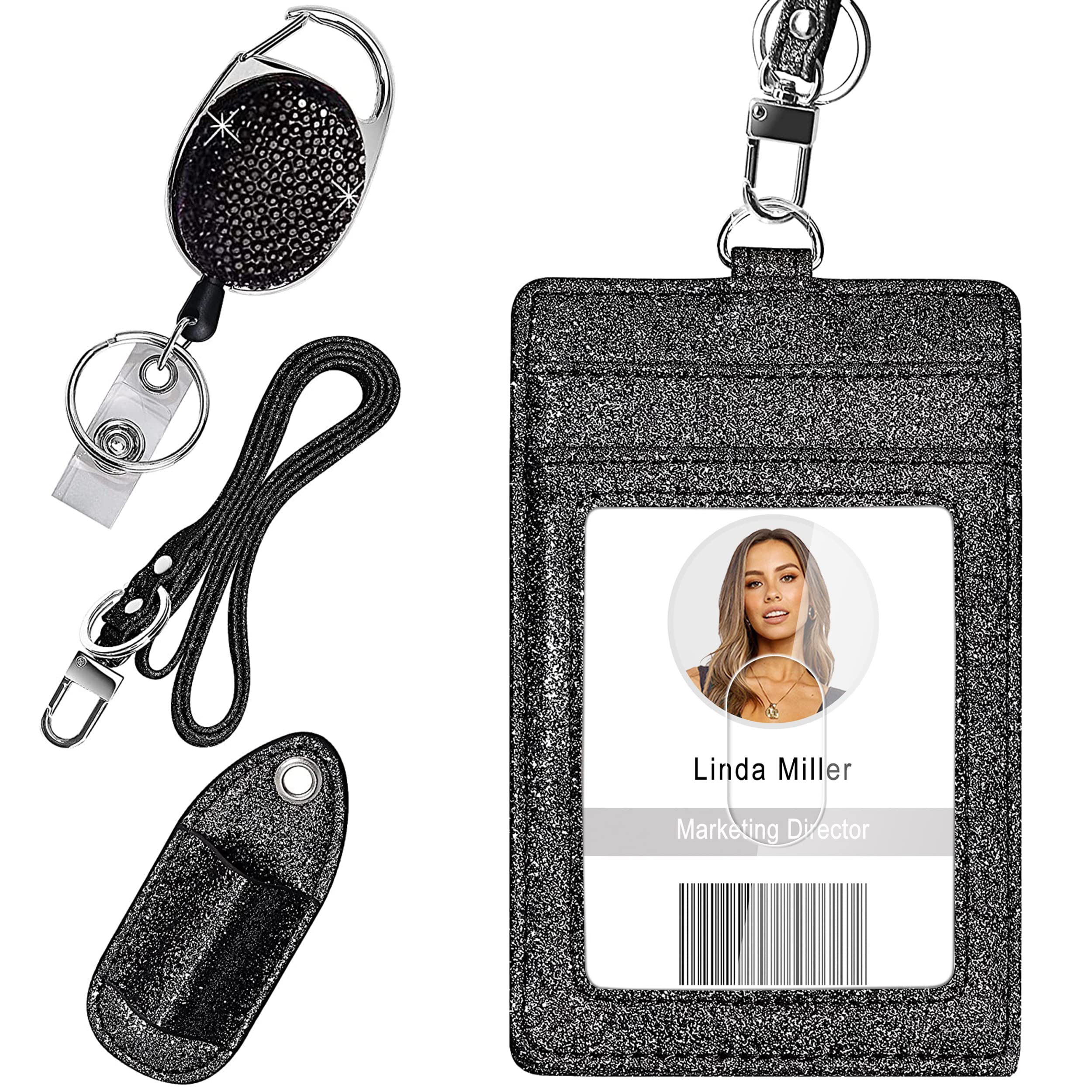 Retractable ID Badge Holder, Multipurpose Bling Rhinestone Badge Reel with Belt Clip, Shiny PU Leather Badge Holder with Lanyard and Pen Holder for Nurse, Teacher, Student, Office Worker (Black) โ image 1