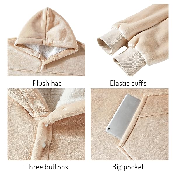 DEGREES OF COMFORT ORIGINAL SHERPA WEARABLE BLANKET HOODIE, OVERSIZED HOODED SWEATSHIRT BLANKETS, ONE BIG SIZE FITS ALL, 38X32 SAND