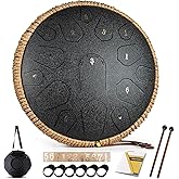 Steel Tongue Drum - HOPWELL 15 Note 14 Inch Tongue Drum - Hand Pan Drums with Music Book, Steel Handpan Drum Mallets and Carry Bag, D Major (Black)