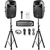 PRORECK MX15 15inch 2500W Bluetooth Powered PA System Mixer/Amp with Stands/Mic Effect Controller 48V Phantom Power, Audio Interface