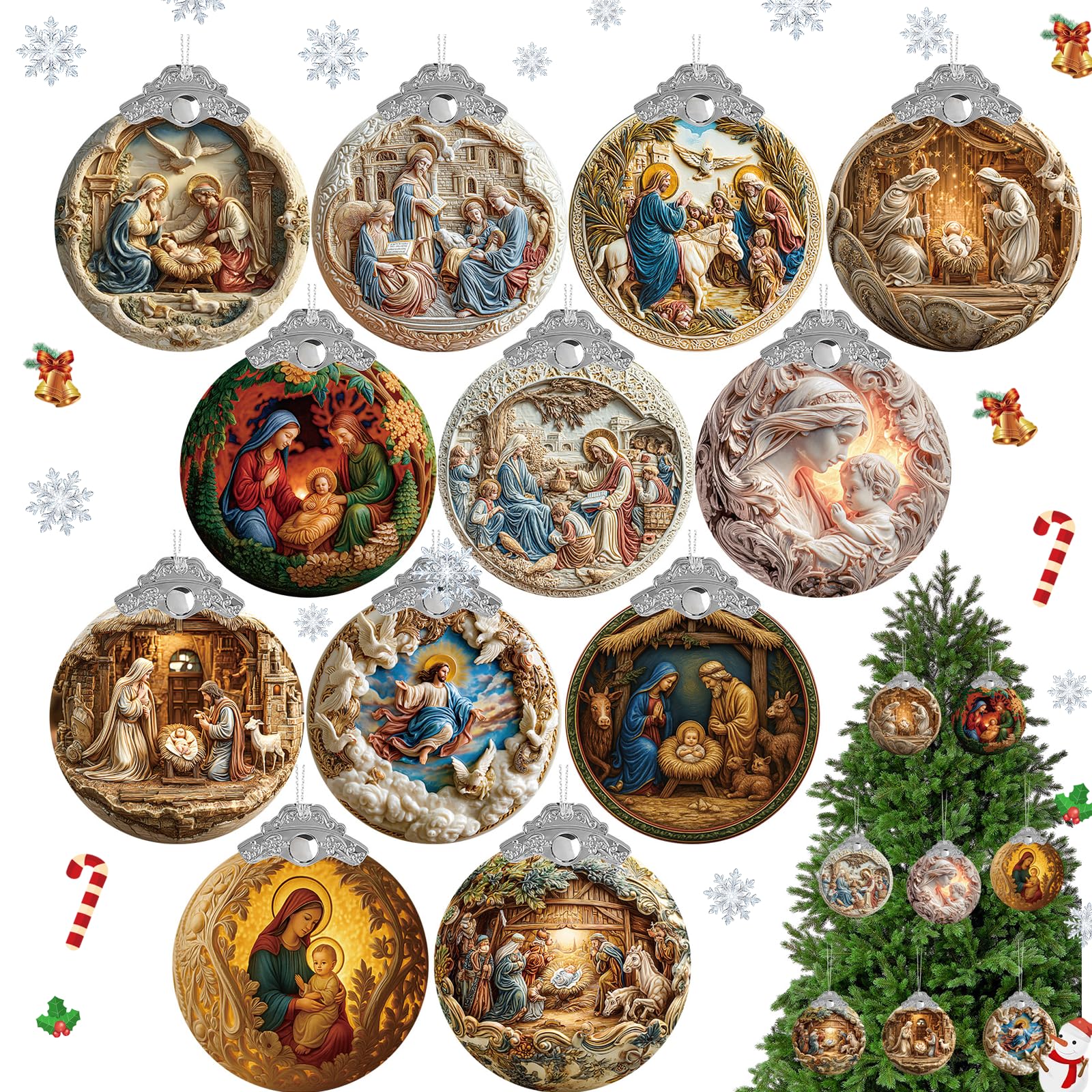 Photo 1 of 12 Pcs Nativity Scene Ornaments for Christmas Tree Acrylic Religious Xmas 3D Decorations Christian Scene Hanging Ornaments Gifts 3.15 Inch for Christian Christmas Garden Yard Outdoor Home Winter Decor