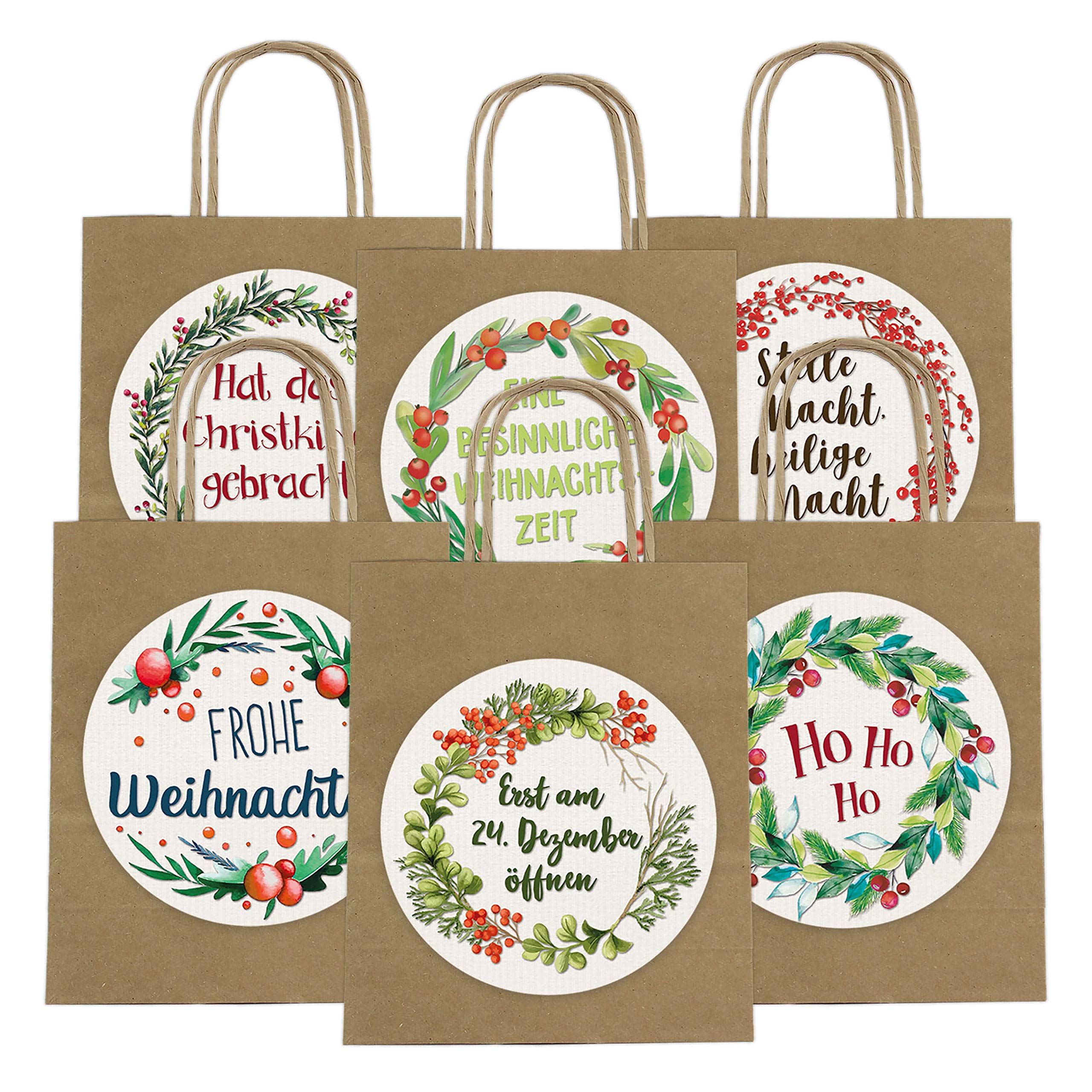 6 gift bags for Christmas, 18 cm x 22.5 cm x 8 cm with XXL stickers, practical Christmas gifts, ideal for giving as a gift, handbag motif Christmas wreaths.