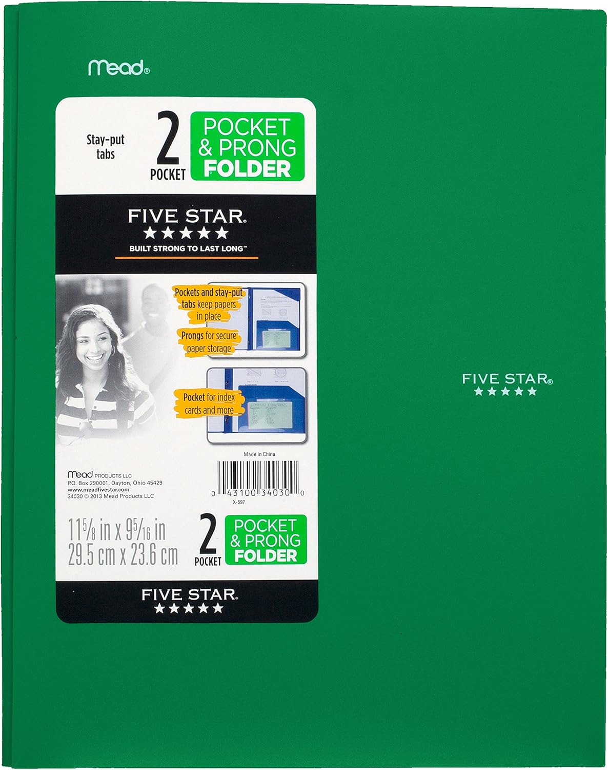Five Star 2 Pocket Folders with Prong Fasteners, Stay-Put Folder, Folders with Pockets, Plastic, Black, Red, Green, Blue, 4 Pack (38064) : Office Products