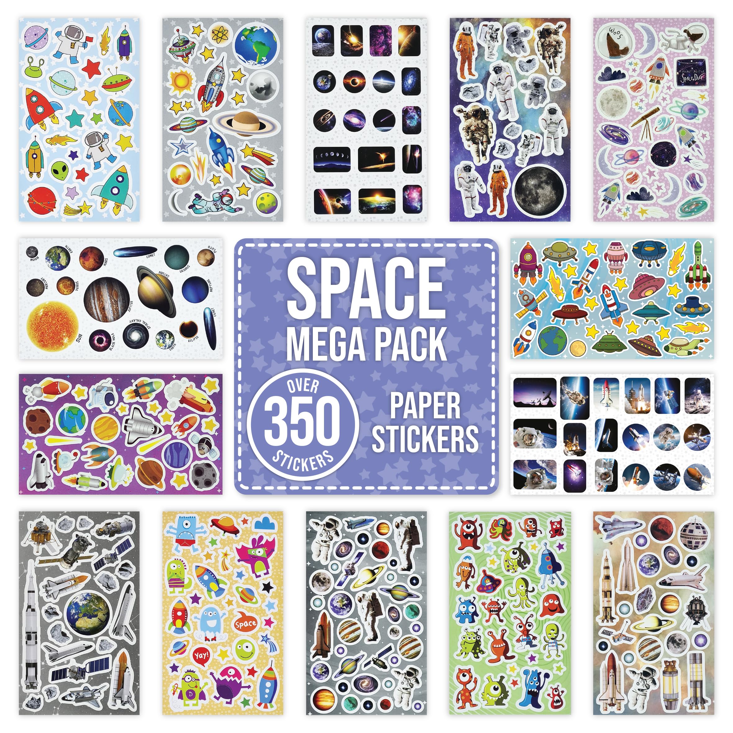 Space Stickers for Children to Decorate Scrapbook Craft - Over 350 Self Adhesive Paper Stickers 14 Designs - Party Bag Fillers For Kids, Teacher Classroom Reward Supplies - Astronaut, Rocket, Planet